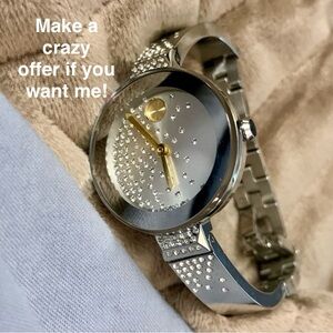 MOVADO BOLD SILVER BANGLE WATCH WITH CRYSTAL ACCENTS